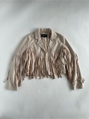 Fahsyee Women’s Cropped Fringe Jacket in Light Beige